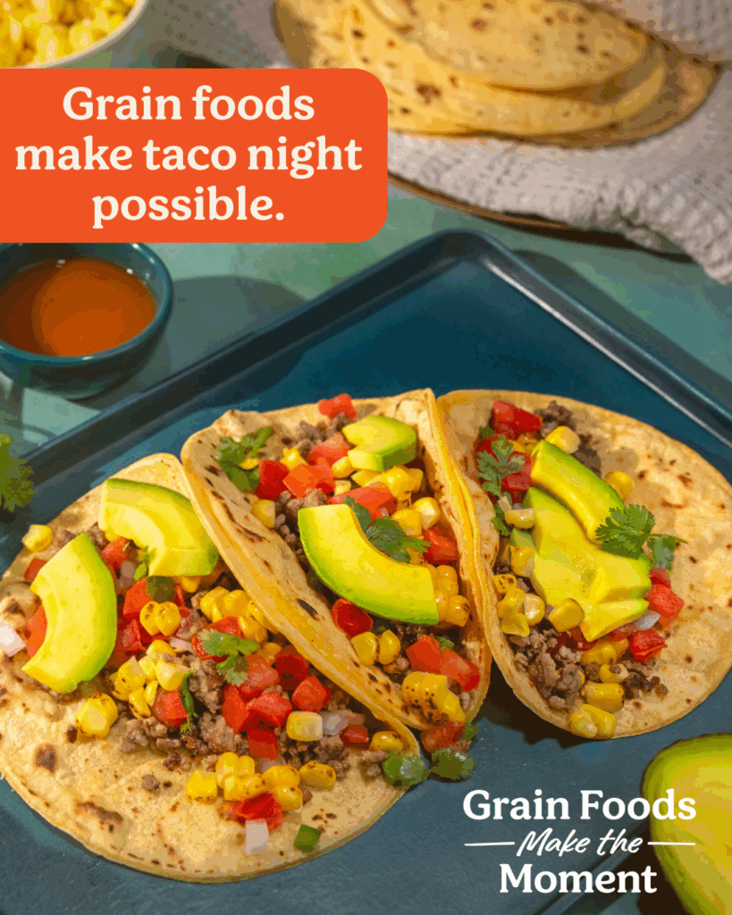 Three tacos on corn torillas. Grain foods make taco night possible.